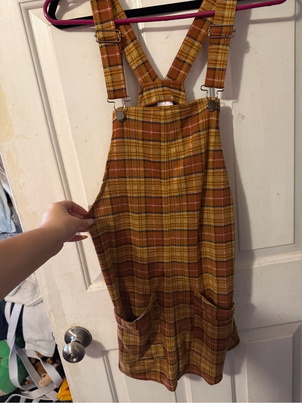 No Boundaries Mustard and Brown Plaid Overall Dress